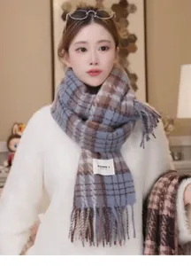 Elegante bufanda a cuadros gruesa y de gran tamaño estilo coreano para mujer con flecos