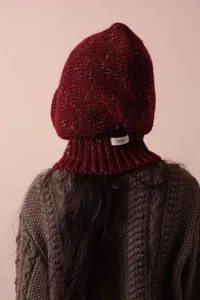 Back view detail of a premium burgundy speckled knitted wool balaclava hooded scarf