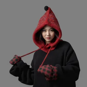 Women Korean Winter Balaclava Knitted Hat With Pom Pom Elf Style Warm Windproof Hooded Neck Warmer Wool Blend Chunky Knit Hat