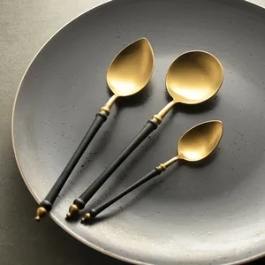 Luxury black and gold 304 stainless steel spoon set including dinner and dessert spoons