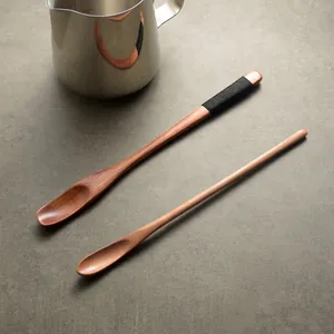 Premium Japanese style long handle wooden stirring spoons for honey coffee and tea set of 2