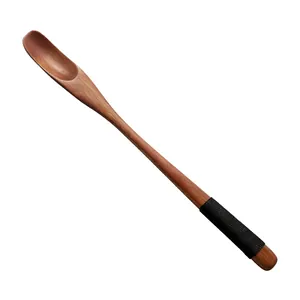 Japanese style long handle wooden stirring spoon for coffee and honey, natural wood grain