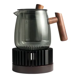 Danish style smoke grey glass teapot set with wooden handle and candle warmer base