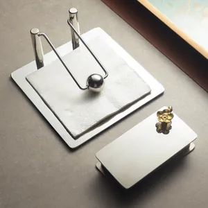 Modern stainless steel napkin holder and toothpick box set with gold flower accent