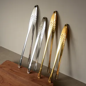Professional long handle stainless steel food tongs for BBQ and steak in gold and silver