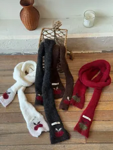 Cozy knitted thin scarves with cherry embroidery in white, charcoal, and red tones