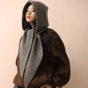 Cappello Balaclava in Maglia con Sciarpa Integrata in Stile Coreano Protezione Orecchie Misto Lana Trama a Treccia