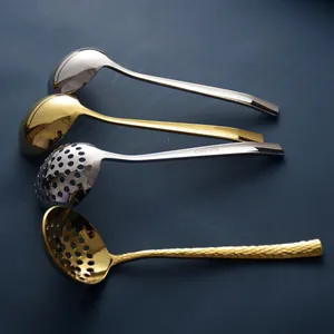 Set aus 304 Edelstahl-Suppenkellen und Schaumlöffeln mit langem Griff in Gold und Silber