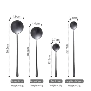 Set of matte black 304 stainless steel spoons in four sizes showing detailed dimensions
