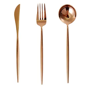 Elegant rose gold 304 stainless steel cutlery set featuring mirror finish knife fork and spoon