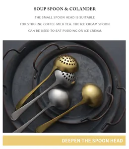 Detail of vintage stainless steel soup spoons and colanders with a deep head design.