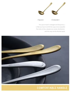Macro view of long handle 304 stainless steel soup ladle and colander in gold finish.