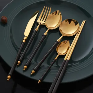 304 Stainless Steel Black Gold Cutlery Bamboo Handle Mirror Polished Steak Knife Fork Spoon Chopsticks Luxury Tableware
