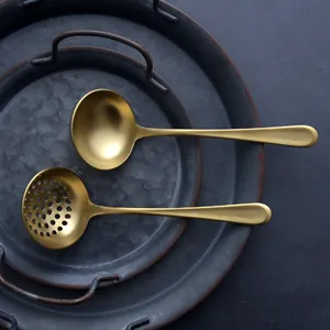 Vintage gold 304 stainless steel soup ladle and slotted spoon set with long handle