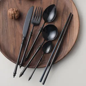 Japanese Style Bamboo Node Design 304 Stainless Steel Western Cutlery Mirror Matte Black Dinner Knife Fork Spoon Chopsticks For Steak Banquet
