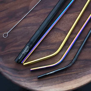 Reusable 304 stainless steel straw set with cleaning brush in rainbow and gold