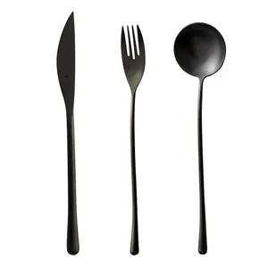 Vintage black 304 stainless steel cutlery set including knife, fork and round spoon