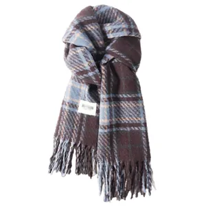 Bufanda de invierno a cuadros extragrande para hombre y mujer con flecos en burdeos y azul