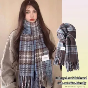 Bufanda de Cuadros Engrosada de Gran Tamaño para Mujer Otoño Invierno Bufanda Cálida con Borlas Estilo Artístico Coreano Unisex