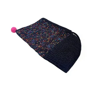 Winter warm balaclava knitted hat for women with colorful specks and pink pom-pom