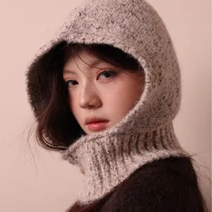 Retro Old Money Style Alpaca Wool Blend Knitted Balaclava Hooded Scarf For Women Winter Warm Neck Warmer With Horn Buckles Marled Knit Hat