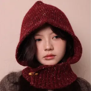 Vintage burgundy knitted hooded scarf with toggle button for winter warmth