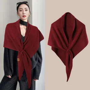 Burgundy wool blend knitted shawl wrap shown on model and as a flat lay product view