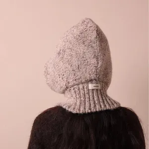 Retro mottled knit alpaca wool balaclava hooded scarf for women shown from the back