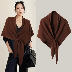 Elegant brown wool blend knitted shawl wrap with a stylish cross-knot detail design