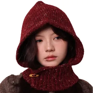 Stylish vintage horn buckle knitted hooded scarf balaclava made of alpaca wool for women