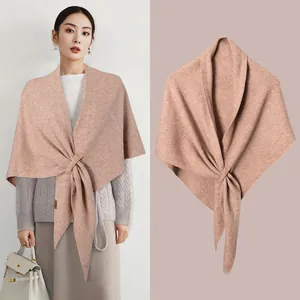 Elegant solid color wool blend knitted wrap shawl with front knot detail for winter season