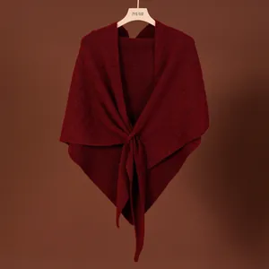 Elegant burgundy wool blend crossover knit shawl with detailed texture for autumn and winter