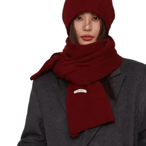 High-quality 100% Australian wool knitted scarf and hat set for women in elegant burgundy