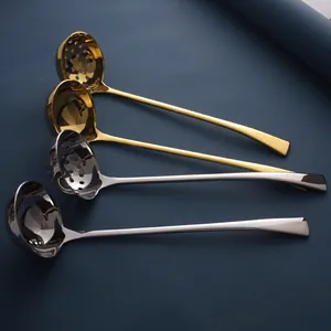 Premium long handle 304 stainless steel soup and slotted ladle set in gold and silver finish