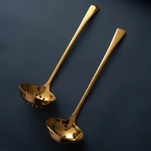 Elegant gold long-handled stainless steel soup ladle and slotted spoon set for kitchen