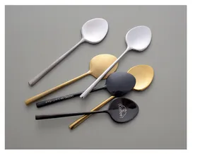 Variety of 304 stainless steel coffee stirring spoons in silver, gold, and black finishes