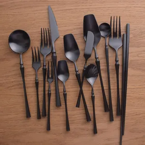 Elegant matte black 304 stainless steel cutlery set with steak knife, fork, and spoon