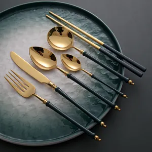 304 Stainless Steel Emerald Gold Cutlery Set Japanese Retro Steak Knife Fork Spoon Dinnerware Home Restaurant Tableware
