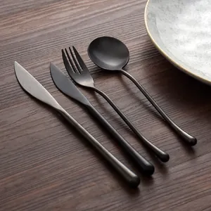 Vintage matte black 304 stainless steel cutlery set including knife fork and spoon