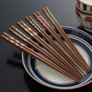 Japanese Style Wooden Chopsticks Retro Geometric Stripes Print Natural Wood Reusable Tableware For Kitchen Dining Daily Use Gift