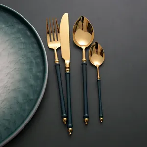 Emerald green and gold 4-piece stainless steel cutlery set with retro design