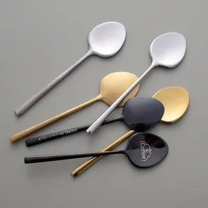 Set of five 304 stainless steel coffee stirring spoons in silver, gold, and black finishes.