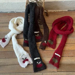 Korean Niche Design Cherry Jacquard Slim Scarf For Women Fashion Long Narrow Knit Wool Blend Neck Warmer Soft Warm Winter Accessories