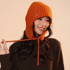 Women 100% Wool Balaclava Hat Winter Warm Knitted Ear Protection Earflap Hat With Ties Vintage Pilot Flying Cap Solid Color Outdoor