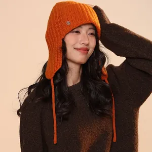 Orange 100% wool knitted balaclava hat with ear flaps for autumn and winter warmth