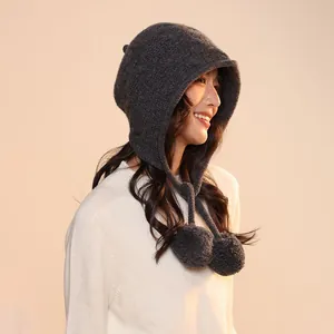 Winter pure wool knitted elf hood hat in charcoal grey with stylish hanging pom-poms