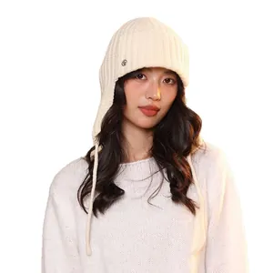 Women's 100% wool knitted balaclava earflap hat for winter warmth in cream white