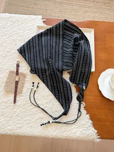 Retro black triangular scarf with white stripes and beaded cord ties for women