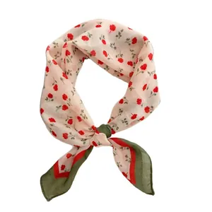 Elegant vintage floral print cotton linen square scarf for women neckerchief headband