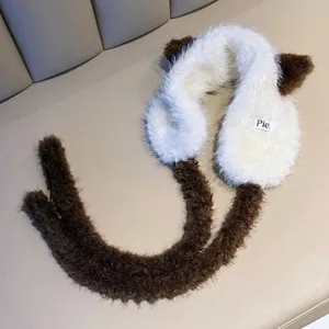 Cute fluffy cat ear earmuffs with adjustable tie strap in soft brown and white plush